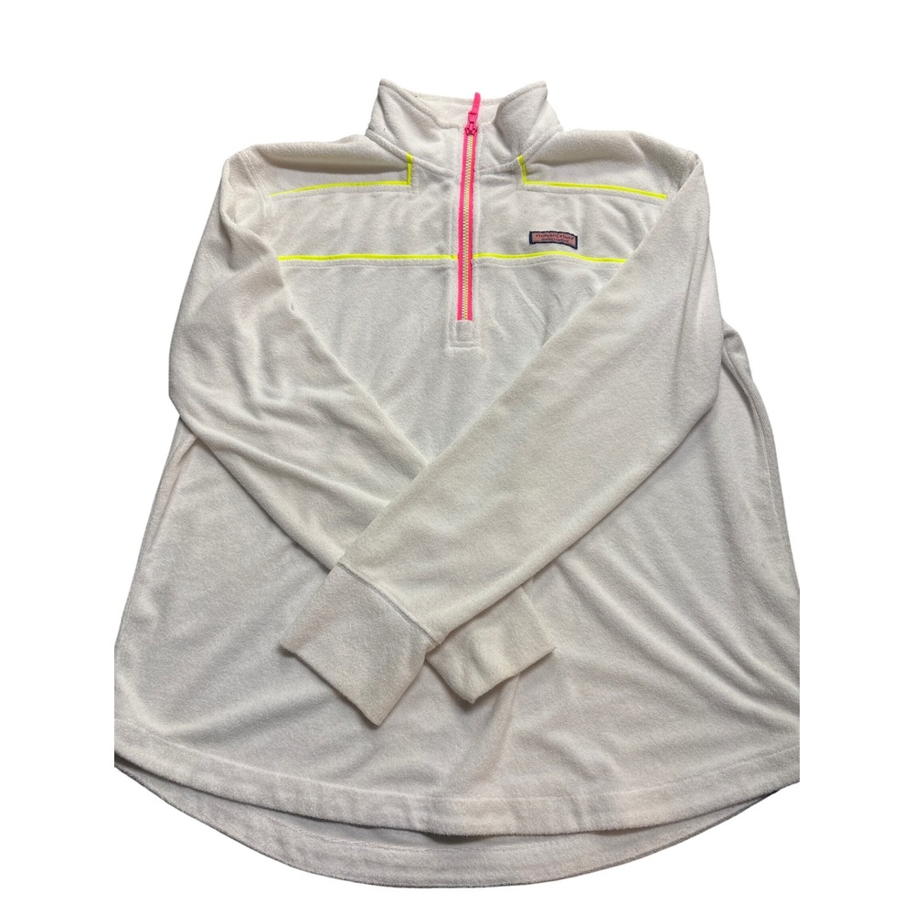 Vineyard Vines Womens XL White Neon Pink Yellow Quarter Zip Fleece coverup